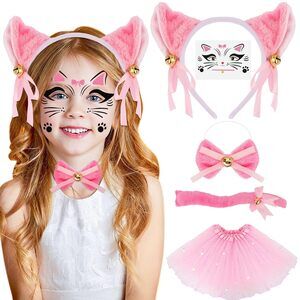 8799 Pink Bell Cat Costume 5pc Set Plush Ear Headband Bow Tie